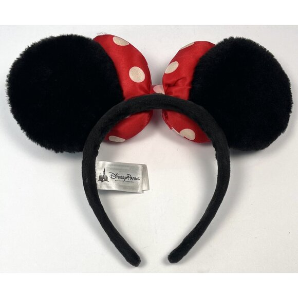 DISNEY PARKS One Size MINNIE MOUSE EARS Black Velvet Red Polka Dot Bow EUC - Picture 2 of 3